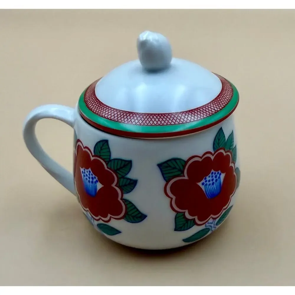Vintage Fitz & Floyd Camellia Covered Tea Cup Lidded Mug Japan Red Floral EUC